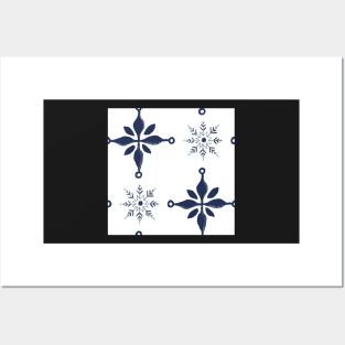 Pattern of blue snow crystals and crosses on white Posters and Art